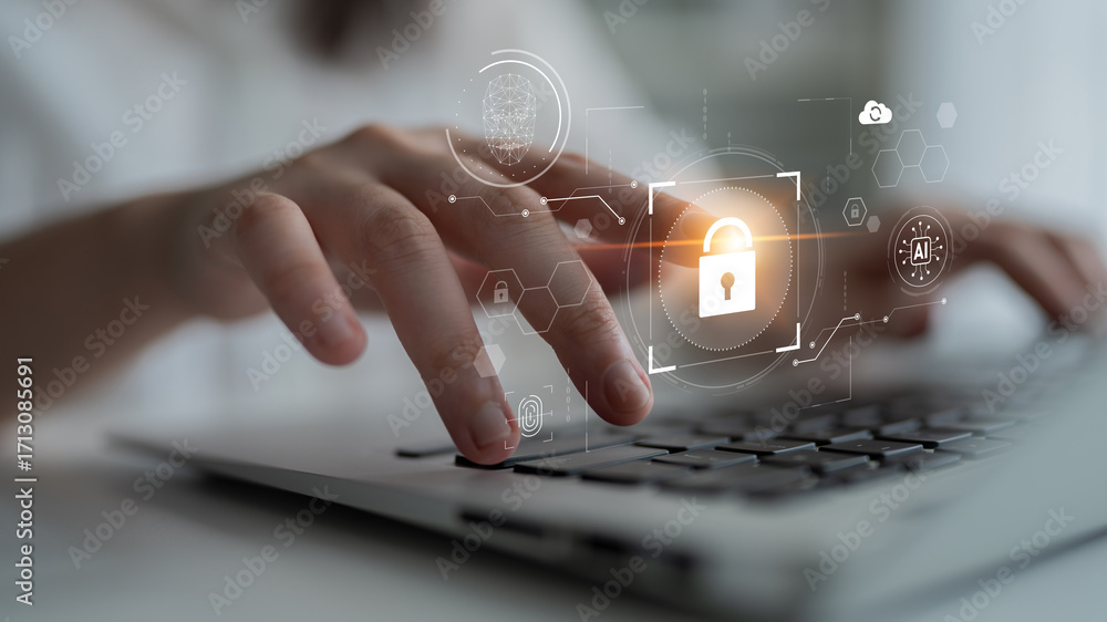 Poster ai cyber security system using biometric authentication and privacy control. cyber security protects