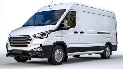 Sleek delivery van mockup on pure white background, studio lighting highlighting contours and metallic details, clean minimal shadows emphasizing vehicle design