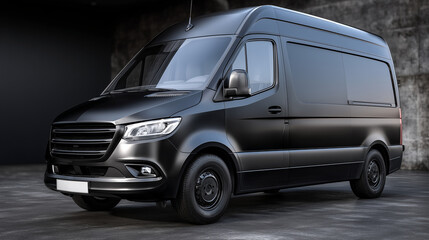 Matte black delivery van mockup on black background, subtle highlights showing curves and edges, minimalistic shadow for realistic 3D effect