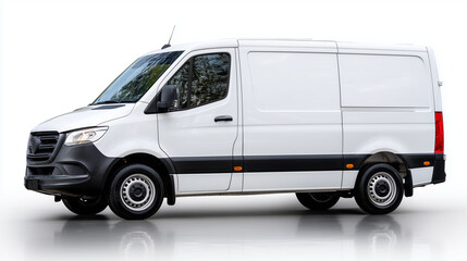 White delivery van isolated on bright white background, perfect for branding, clean reflections on smooth paint, studio-style professional shot