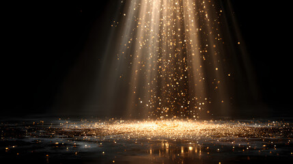 golden confetti shower cascading onto a festive stage, illuminated by a central light beam, mockup for events such as award ceremonies, jubilees, New Year's parties, or product presentations