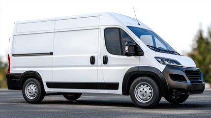 Naklejka premium Side profile of delivery van mockup on white background, high-resolution details of doors, wheels, and logo placement, soft studio lighting enhancing contours