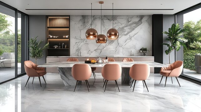 Modern Luxury Dining Room with Marble Table, Peach Chairs, and Garden Views - Elegant Contemporary Interior Design