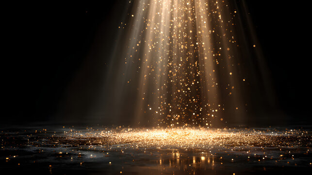golden confetti shower cascading onto a festive stage, illuminated by a central light beam, mockup for events such as award ceremonies, jubilees, New Year's parties, or product presentations