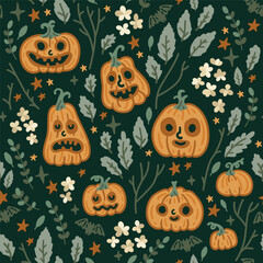 Seamless Halloween pattern with pumpkins and leaf sprigs on a green background. Autumn. Harvest Festival.