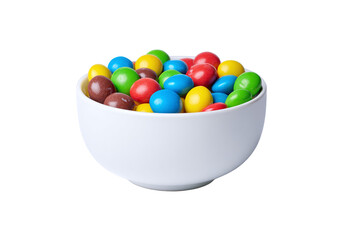 Colorful chocolate candies in a white bowl, isolated on white transparent background