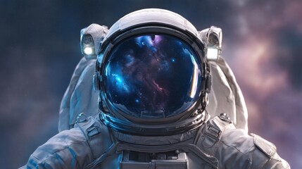 Astronaut gazes into vibrant cosmos colorful nebula visible in reflective helmet visor space exploration futuristic concept