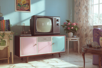 1990s living room scene with vintage TV, pastel colors, subtle film grain, nostalgic lighting, retro aesthetic, high resolution 