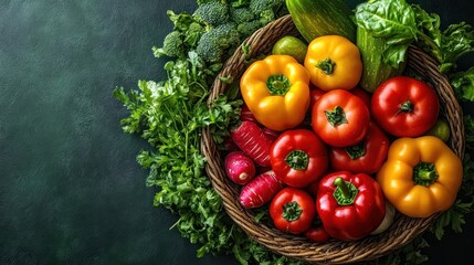 Vibrant Assortment of Fresh Organic Vegetables and Greens, including Tomatoes, Peppers, and Broccoli, displayed in a Wicker Basket on a Dark Textured Background