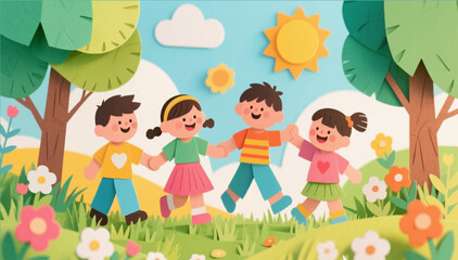 An illustration of an application in the style of children's creativity cut out with scissors from colored paper depicting children playing in the park. Vector graphics. EPS.
