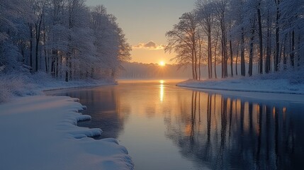Fototapeta premium Golden Sunset Reflections on a Partially Frozen River Amidst Snow-Covered Winter Forest Landscape