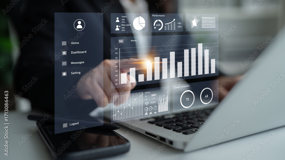 Poster modern workspace showcasing a laptop with digital analysis of performance metrics through graphs and