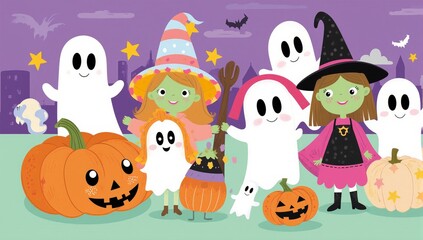Naklejka premium Happy halloween celebration with spooky ghosts pumpkins and witches for kids