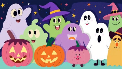 Obraz premium Happy Halloween Characters Celebrating with Pumpkins and Stars in a Nighttime Scene