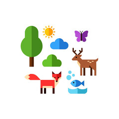 Geometric illustration of nature elements: tree, sun, clouds, butterfly, deer, fox, fish.