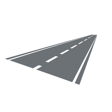 Perspective view of a gray asphalt road with white lane markings.