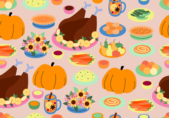 Fototapeta premium Seamless pattern of harvest festive elements Thanksgiving day. Thanksgiving Dinner background