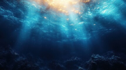 Mesmerizing Underwater World with Golden Sunbeams Penetrating Deep Blue Ocean Depths, Revealing an Ethereal and Serene Submarine Landscape
