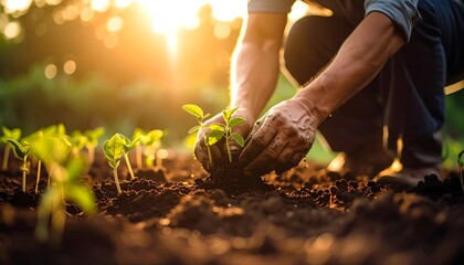 Planting Young Plants in Garden.