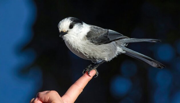 A gray jay perched delicately on a finger against a blurred backdrop of deep blue.