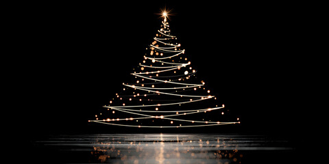 A minimal outline of a Christmas tree with subtle golden lights on black background.