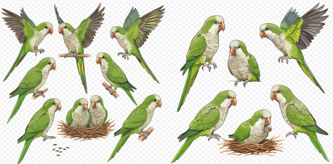 A collection of illustrated Monk Parakeets in various poses, including flying, perching on branches, and chicks in a nest.