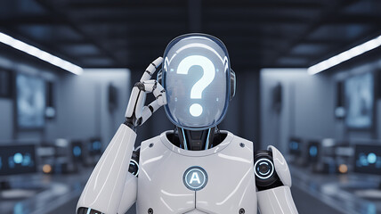 Robot with a question mark artificial intelligence concept machine learning and future technology