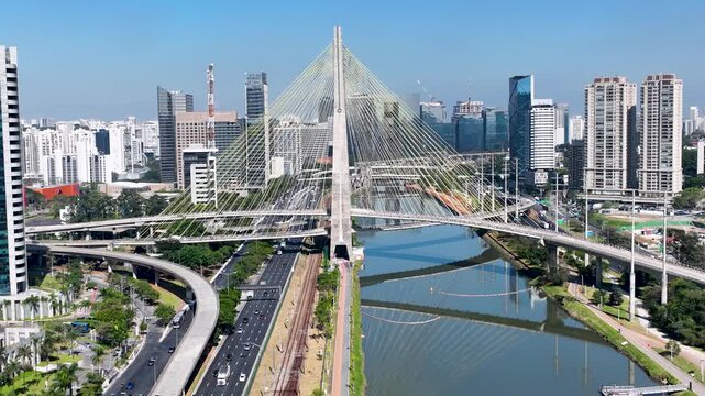Cable Stayed Bridge In Downtown Sao Paulo Brazil. Birds Eye View Of Suspension Bridge With Cars Driving Across. Metropolitan Skyline Commercial Building Awesome.