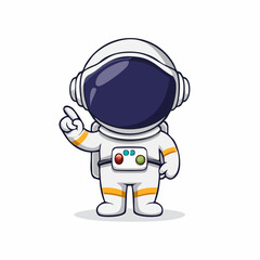 Fototapeta premium Adorable cartoon astronaut pointing upwards with a friendly expression, perfect for space-themed projects and children's content