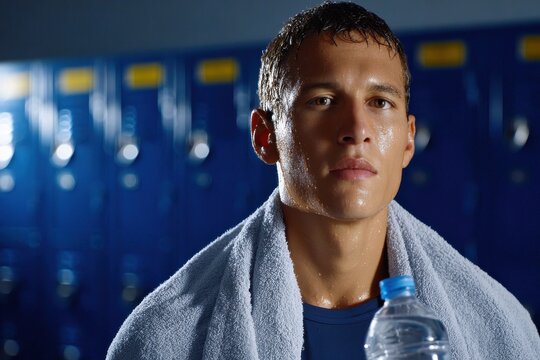 Sweaty young man hydrating after an intense workout in a blue locker room setting.