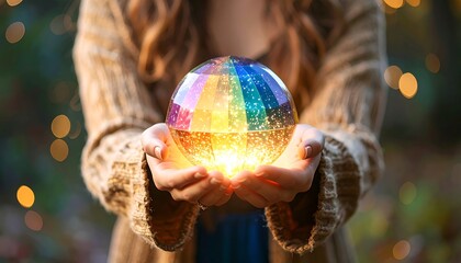 Holding Light Orb in Hands Colorful Glowing Magical Sphere