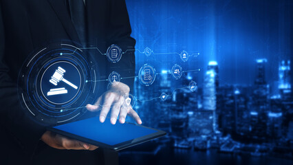 Futuristic digital law interface displaying justice scale, highlighting digital law, AI compliance,...