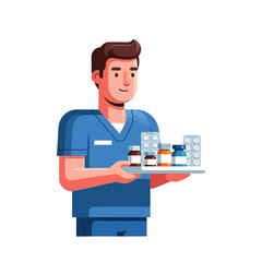 Man in scrubs holds tray with medical supplies and buildings.