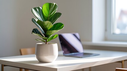 A fiddle leaf fig plant in a white pot sits on a table next to a laptop, bathed in natural light from a window