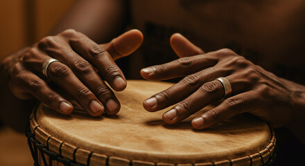 Close-up of hands playing a traditional drum with worn rings. AI-generated image
