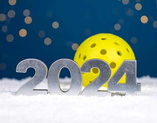 Silver 2024 numerals on snow with a yellow pickleball
