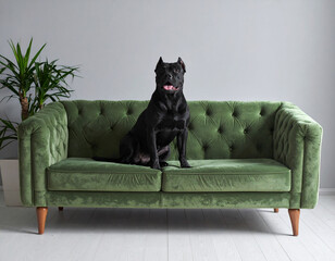 A black dog sits on a green velvet sofa in a modern setting. AI-generated image.