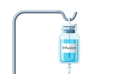 Medical infusion bag hanging from stand against white background.