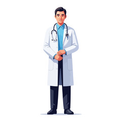 Fototapeta premium Man in white coat with stethoscope stands against white background.