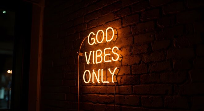 Uplifting Orange Neon Sign with god Vibes Only on Brick Wall
