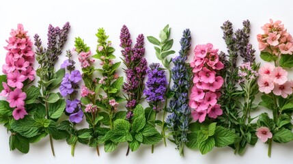 Obraz premium Vibrant Flat Lay of Fresh Spring and Summer Flowers and Herbs, including Pink Phlox, Purple Lavender, Blue Salvia, and Green Mint, Artfully Arranged on a Clean White Background