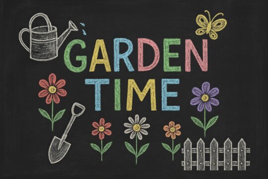 Chalkboard with a garden theme and the words Garden Time written in colorful letters. The chalkboard is decorated with various garden items such as a watering can, a shovel, and a butterfly