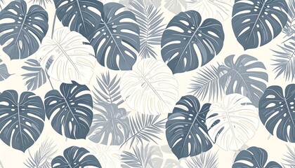 Seamless pattern of various tropical leaves in muted pastel colors
