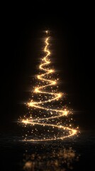 Abstract Christmas tree formed from swirling, luminous gold light trails against a stark black background.  Golden sparkles are scattered at the base