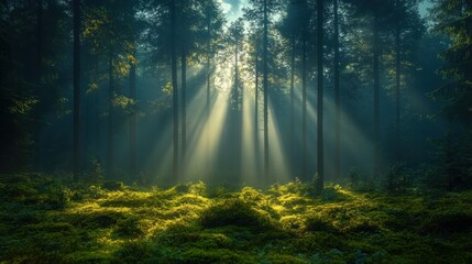 Fototapeta premium Enchanting Sunlight Rays Piercing Through a Dense Forest Canopy Illuminating a Vibrant, Mossy Forest Floor with Ethereal Haze