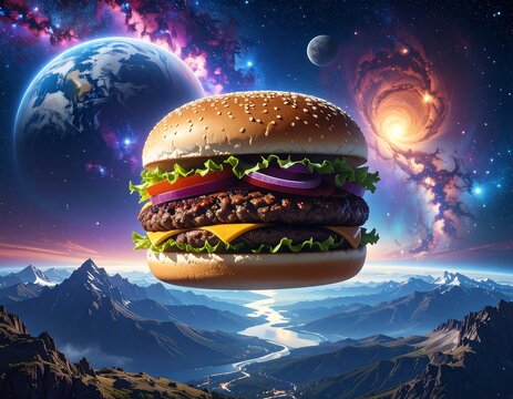 Giant hamburger in outer space over a landscape