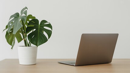 A modern laptop computer sits on a wooden desk next to a potted monstera plant, creating a clean and minimalist workspace