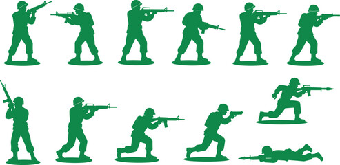 Green plastic toy soldier silhouettes in various battle positions, holding rifles, crawling, aiming, running, standing, military action figure collection on white background