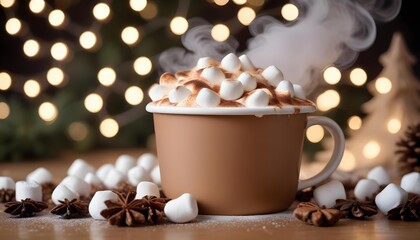 Steaming mug of hot chocolate with toasted marshmallows and star anise.
