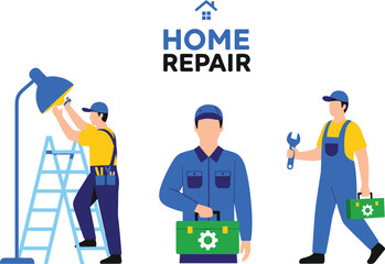Home repair service illustration, handyman fixing lamp, professional maintenance workers, repair tools, house maintenance concept, construction work, plumbing service, electrician, renovation